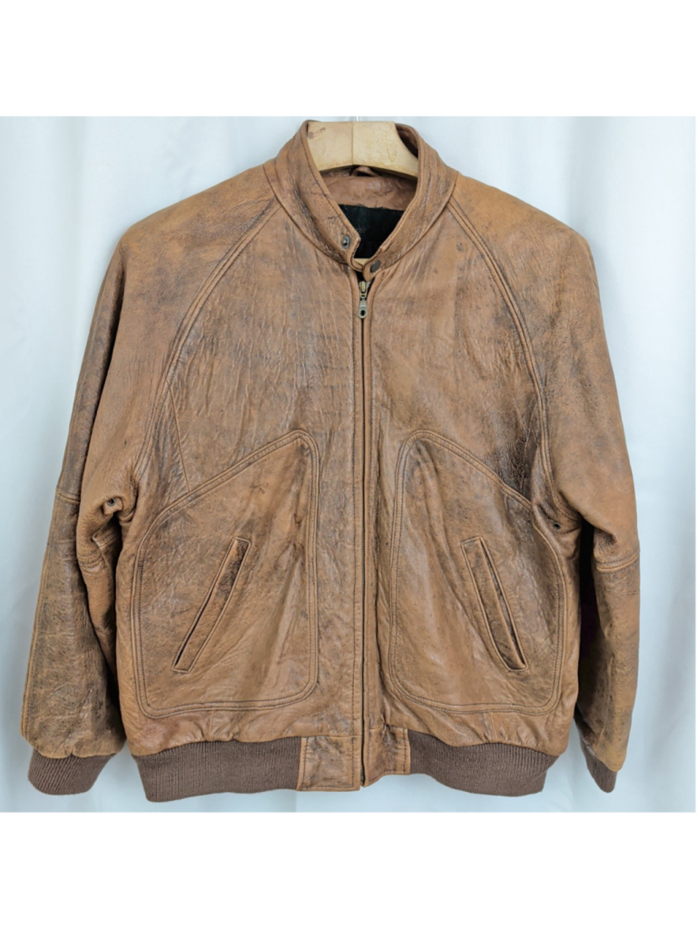 Vintage Brown Leather Bomber Jacket Men's Large